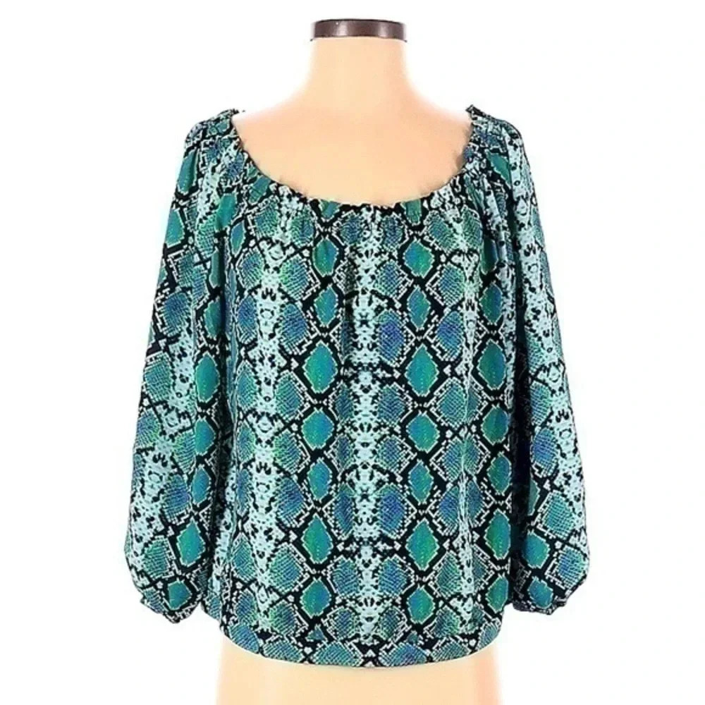 BCBGMAXAZRIA Y2K Teal Snakeskin Print Peasant Off The Shoulders Blouse Size S